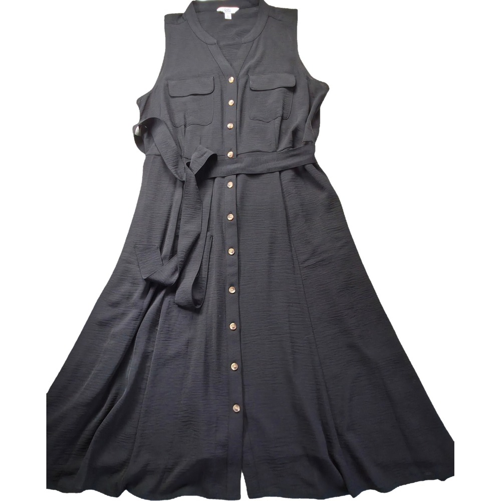 Croft & Barrow Shirt Dress Womens L Black Sleeveless Tie Waist Midi